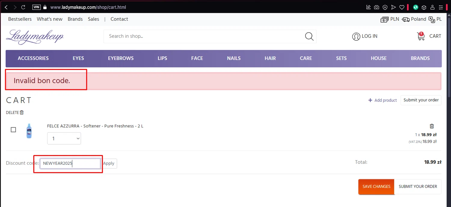 Ladymakeup coupon code screenshot showing code NEWYEAR2025 applied at Ladymakeup checkout page. Uploaded by SimplyCodes community member ronaldacunajr13 on Mar 21, 2025