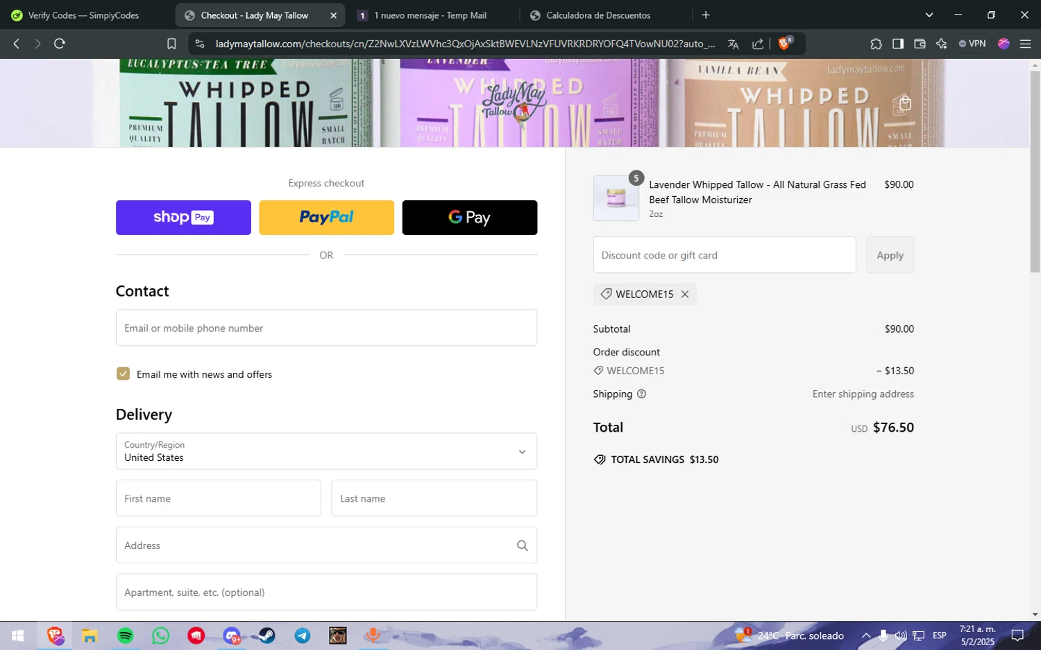 Lady May Tallow discount code screenshot showing code WELCOME15 applied at Lady May Tallow checkout page. Uploaded by SimplyCodes community member Freeman on Feb 5, 2025