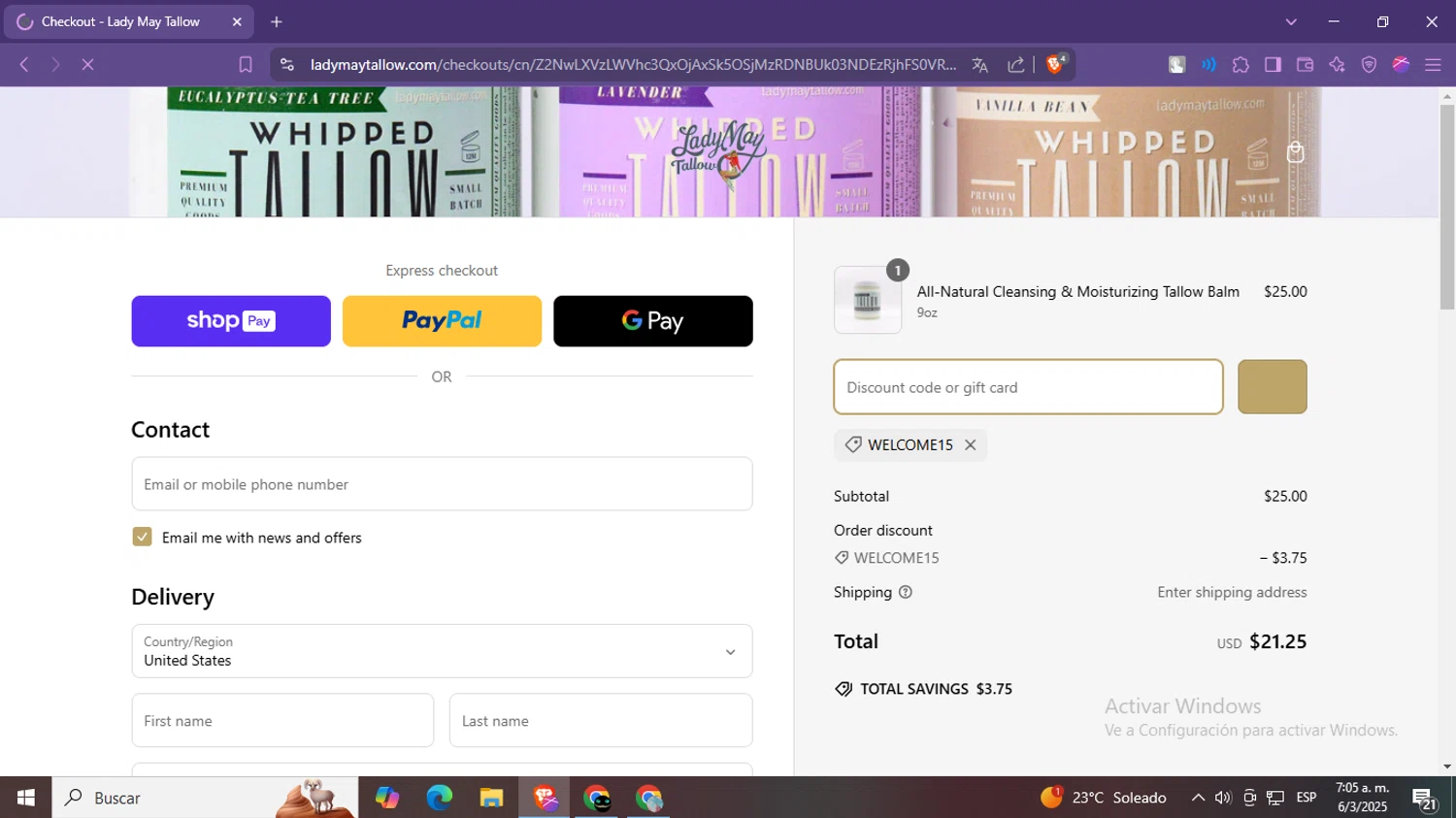 Lady May Tallow discount code screenshot showing code WELCOME15 applied at Lady May Tallow checkout page. Uploaded by SimplyCodes community member BargainWizard5755 on Mar 6, 2025