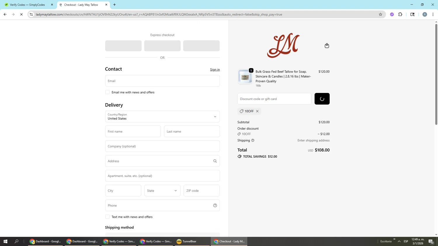Lady May Tallow checkout page showing Lady May Tallow discount code box | Screenshot taken by SimplyCodes community member on Jan 3, 2026