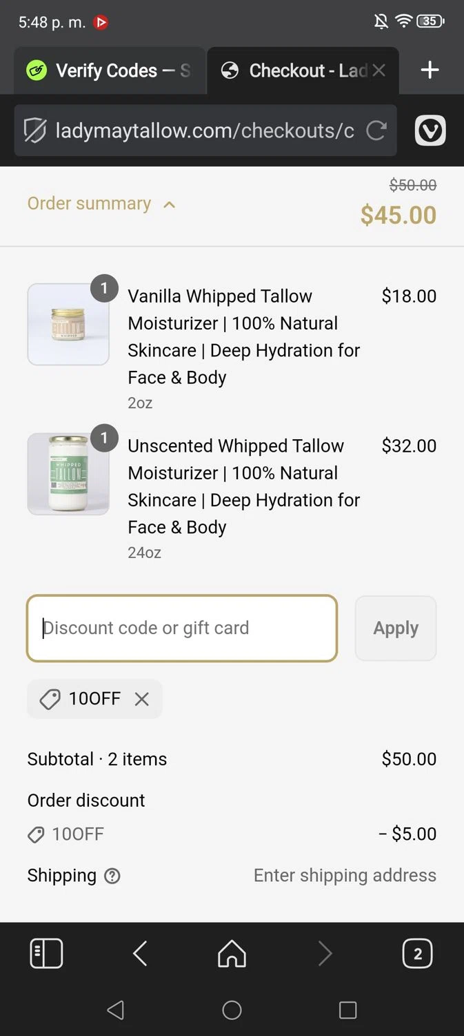 Lady May Tallow discount code screenshot showing code 10OFF applied at Lady May Tallow checkout page. Uploaded by SimplyCodes community member ShieldSentinel6840 on Apr 1, 2025