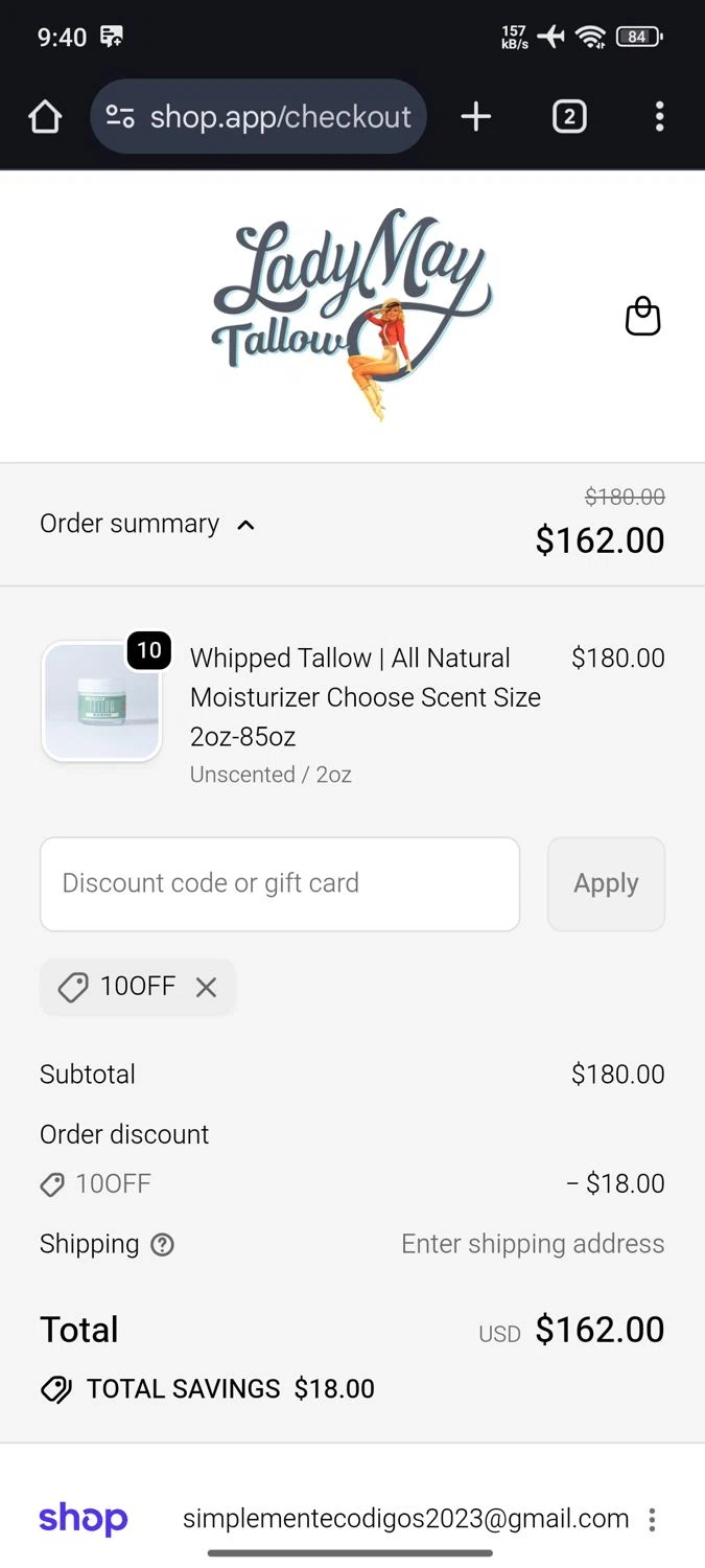 Lady May Tallow discount code screenshot showing code 10OFF applied at Lady May Tallow checkout page. Uploaded by SimplyCodes community member Shadowking on Sep 21, 2025