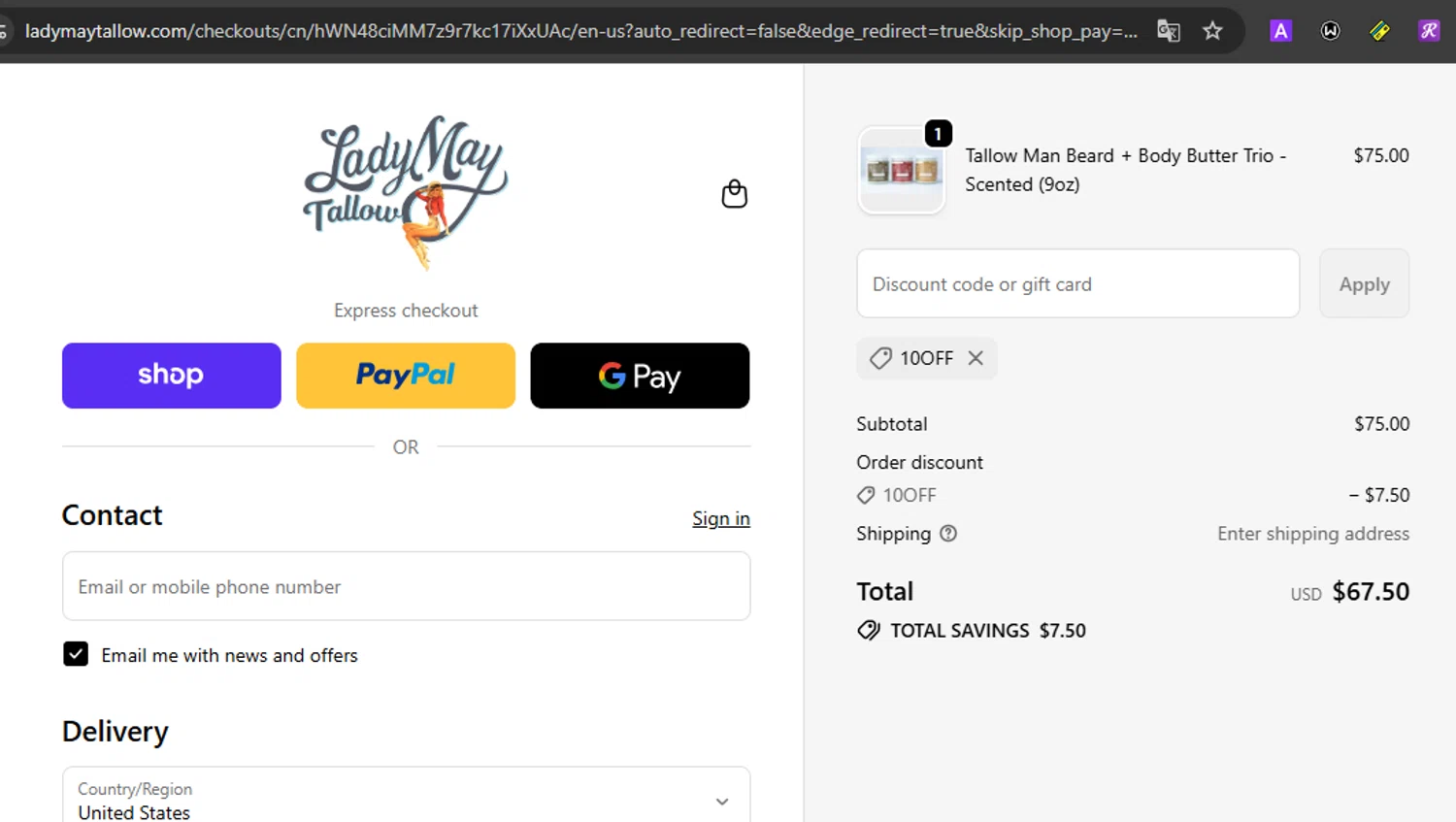 Lady May Tallow discount code screenshot showing code 10OFF applied at Lady May Tallow checkout page. Uploaded by SimplyCodes community member gilbertrondon on Oct 15, 2025