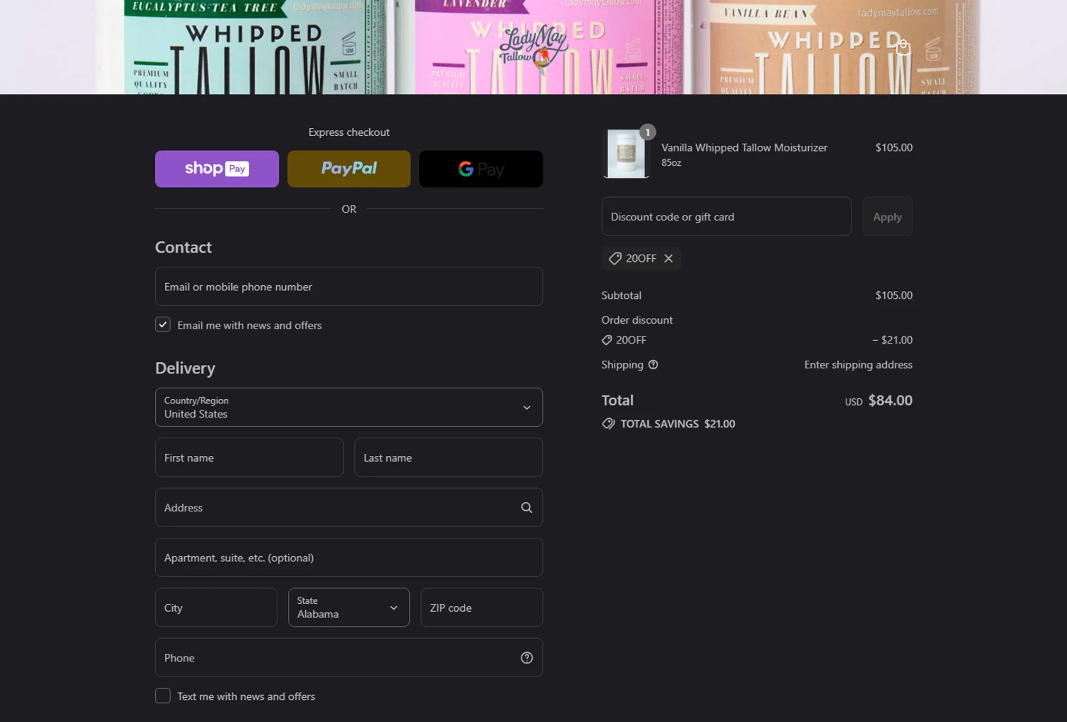 Lady May Tallow discount code screenshot showing code 20OFF applied at Lady May Tallow checkout page. Uploaded by SimplyCodes community member Parangutirimicuaro on Jul 23, 2025