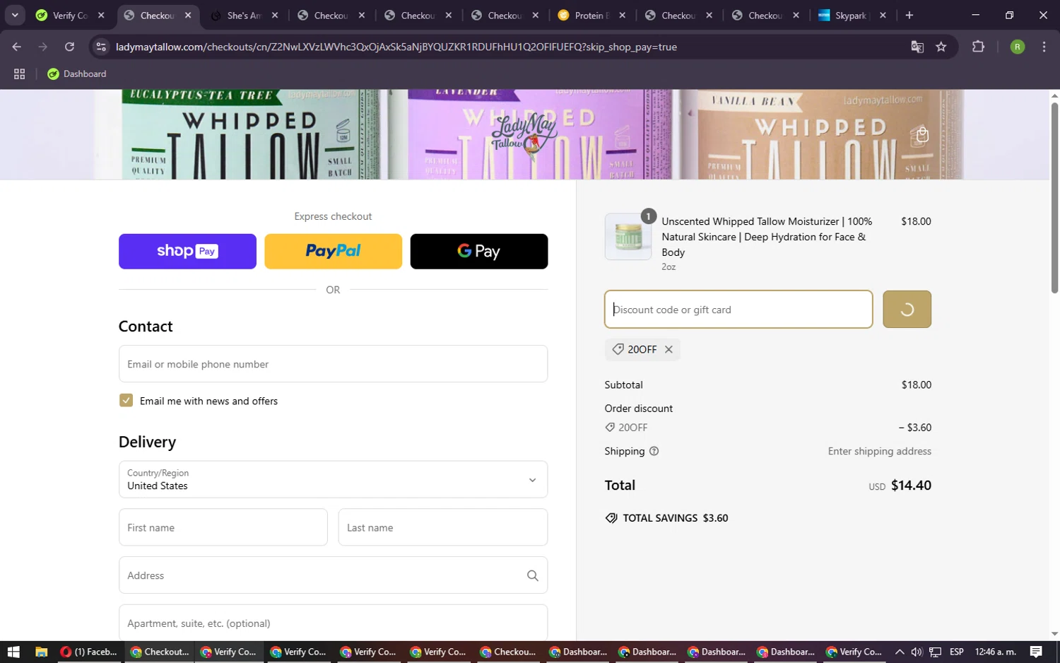 Lady May Tallow discount code screenshot showing code 20OFF applied at Lady May Tallow checkout page. Uploaded by SimplyCodes community member CouponRanger9482 on Mar 10, 2025