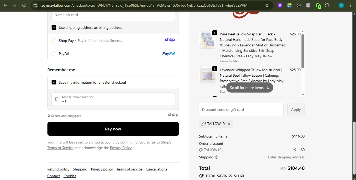 Lady May Tallow discount code screenshot showing code TALLOW10 applied at Lady May Tallow checkout page. Uploaded by SimplyCodes community member PrincessCoupon on Jan 6, 2026