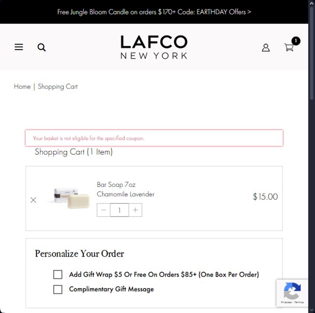 Lafco checkout page showing Lafco promo code box | Screenshot taken by SimplyCodes community member on Apr 21, 2025