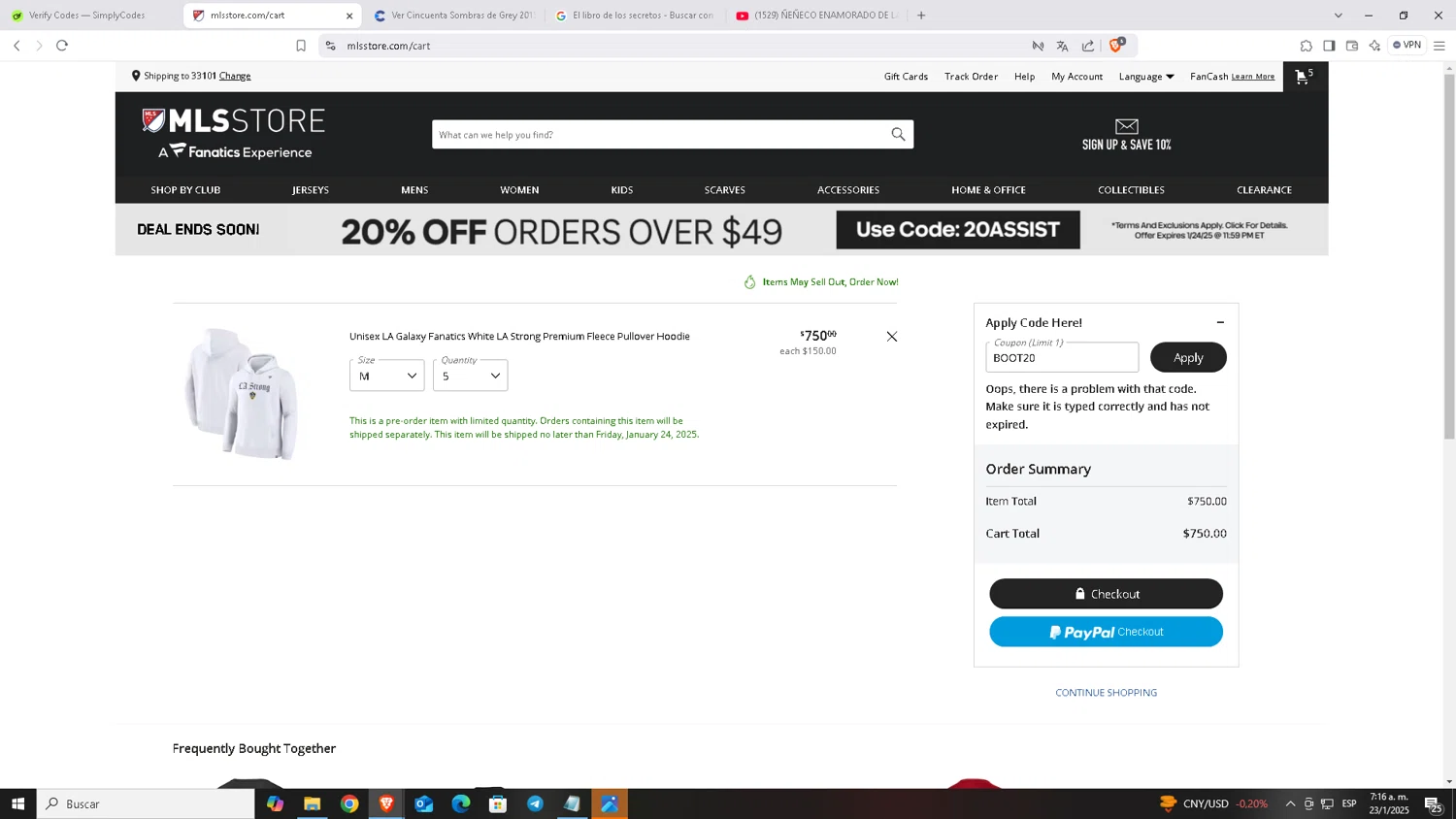 LA Galaxy promo code screenshot showing code BOOT20 applied at LA Galaxy checkout page. Uploaded by SimplyCodes community member Carloscoder_900457733 on Jan 23, 2025