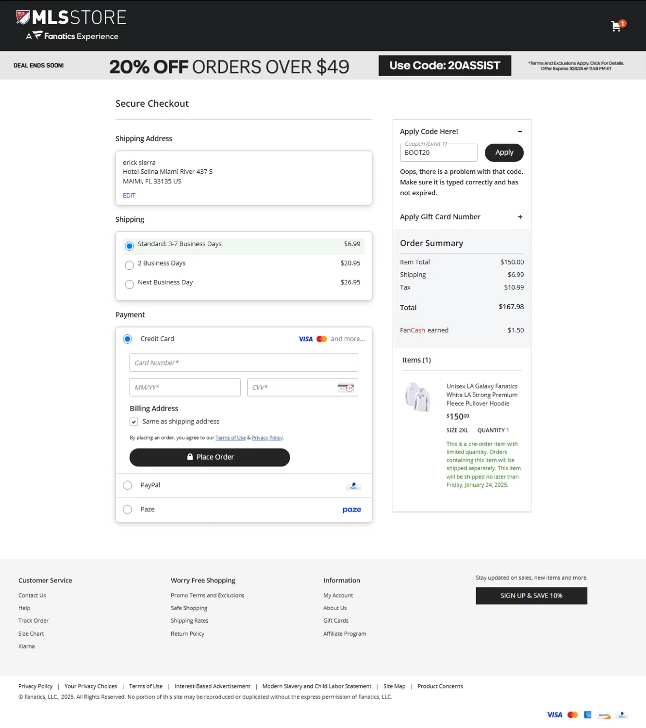 LA Galaxy promo code screenshot showing code BOOT20 applied at LA Galaxy checkout page. Uploaded by SimplyCodes community member LuckyWarden9122 on Jan 23, 2025