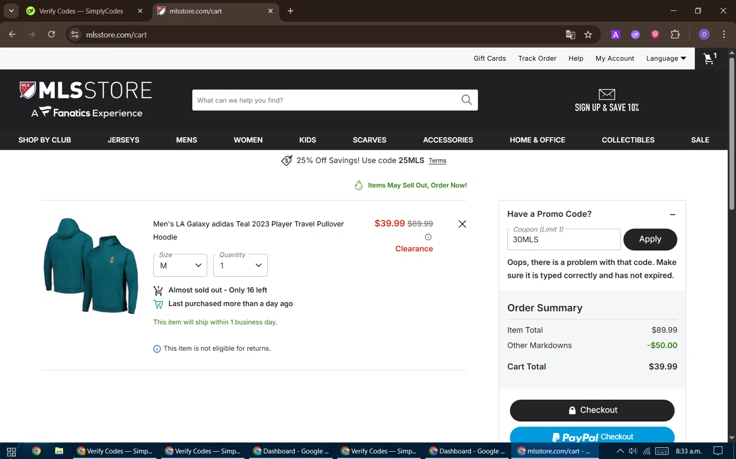 LA Galaxy promo code screenshot showing code 30MLS applied at LA Galaxy checkout page. Uploaded by SimplyCodes community member BudgetHawk9503 on Nov 18, 2025