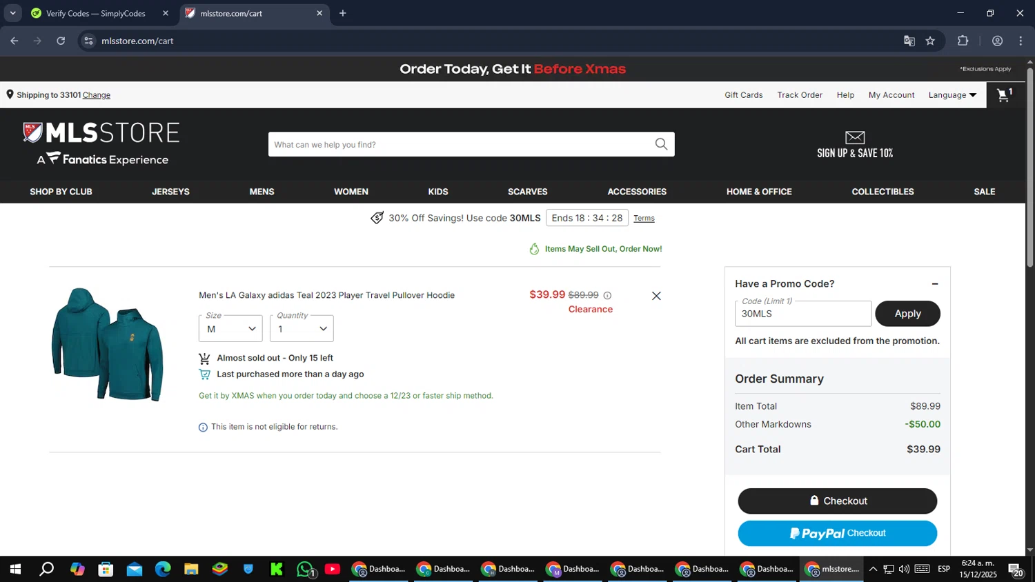 LA Galaxy promo code screenshot showing code 30MLS applied at LA Galaxy checkout page. Uploaded by SimplyCodes community member Cynoxx on Dec 15, 2025