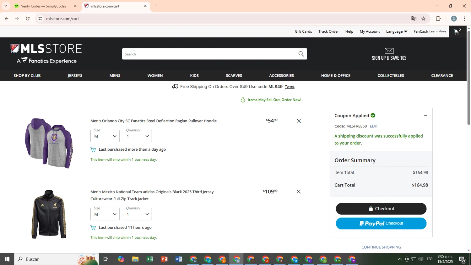 LA Galaxy promo code screenshot showing code MLSFREE50 applied at LA Galaxy checkout page. Uploaded by SimplyCodes community member SwiftSage9854 on Apr 15, 2025