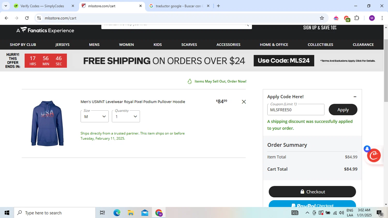 LA Galaxy promo code screenshot showing code MLSFREE50 applied at LA Galaxy checkout page. Uploaded by SimplyCodes community member PennyScout8462 on Jan 31, 2025