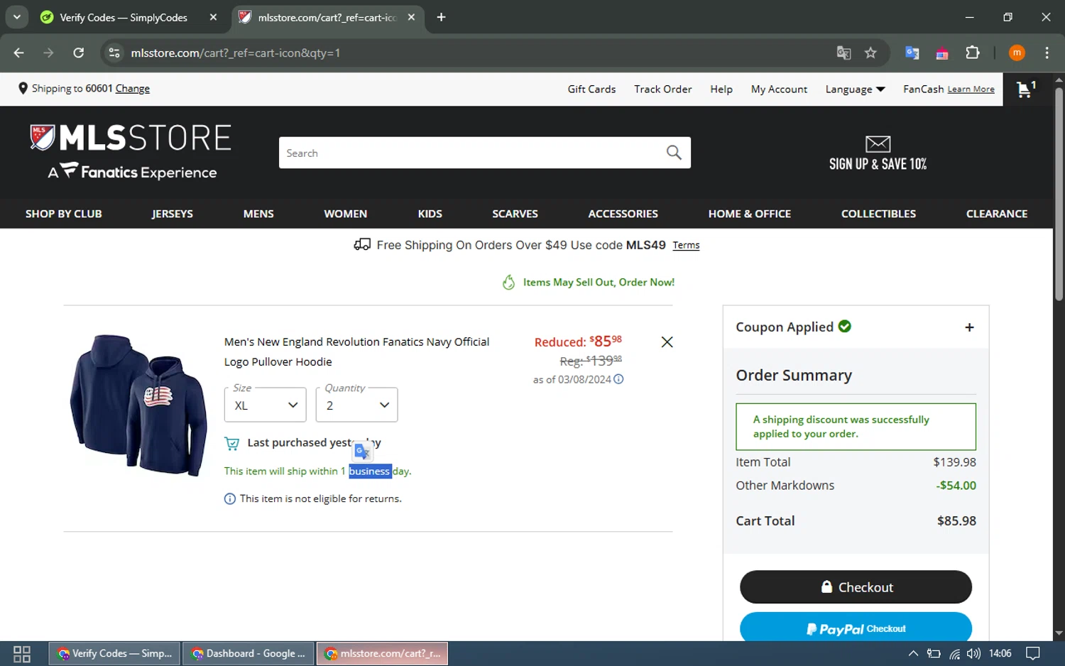 LA Galaxy promo code screenshot showing code MLSFREE50 applied at LA Galaxy checkout page. Uploaded by SimplyCodes community member EpicTracker8800 on Apr 15, 2025