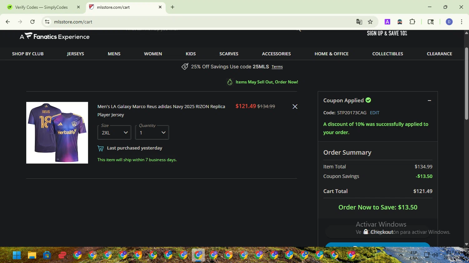LA Galaxy promo code screenshot showing code STP20173CAG applied at LA Galaxy checkout page. Uploaded by SimplyCodes community member VoucherTitan8325 on May 29, 2025