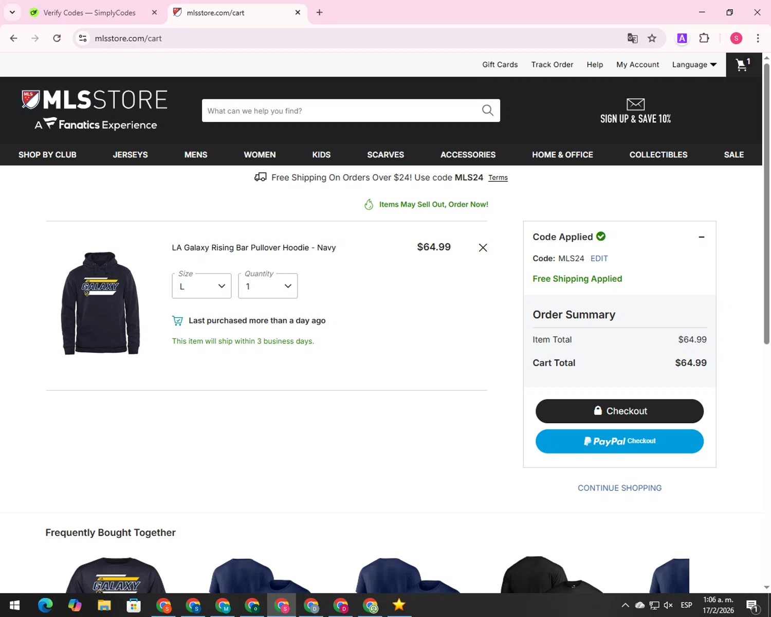 LA Galaxy promo code screenshot showing code MLS24 applied at LA Galaxy checkout page. Uploaded by SimplyCodes community member 00000056 on Feb 17, 2026