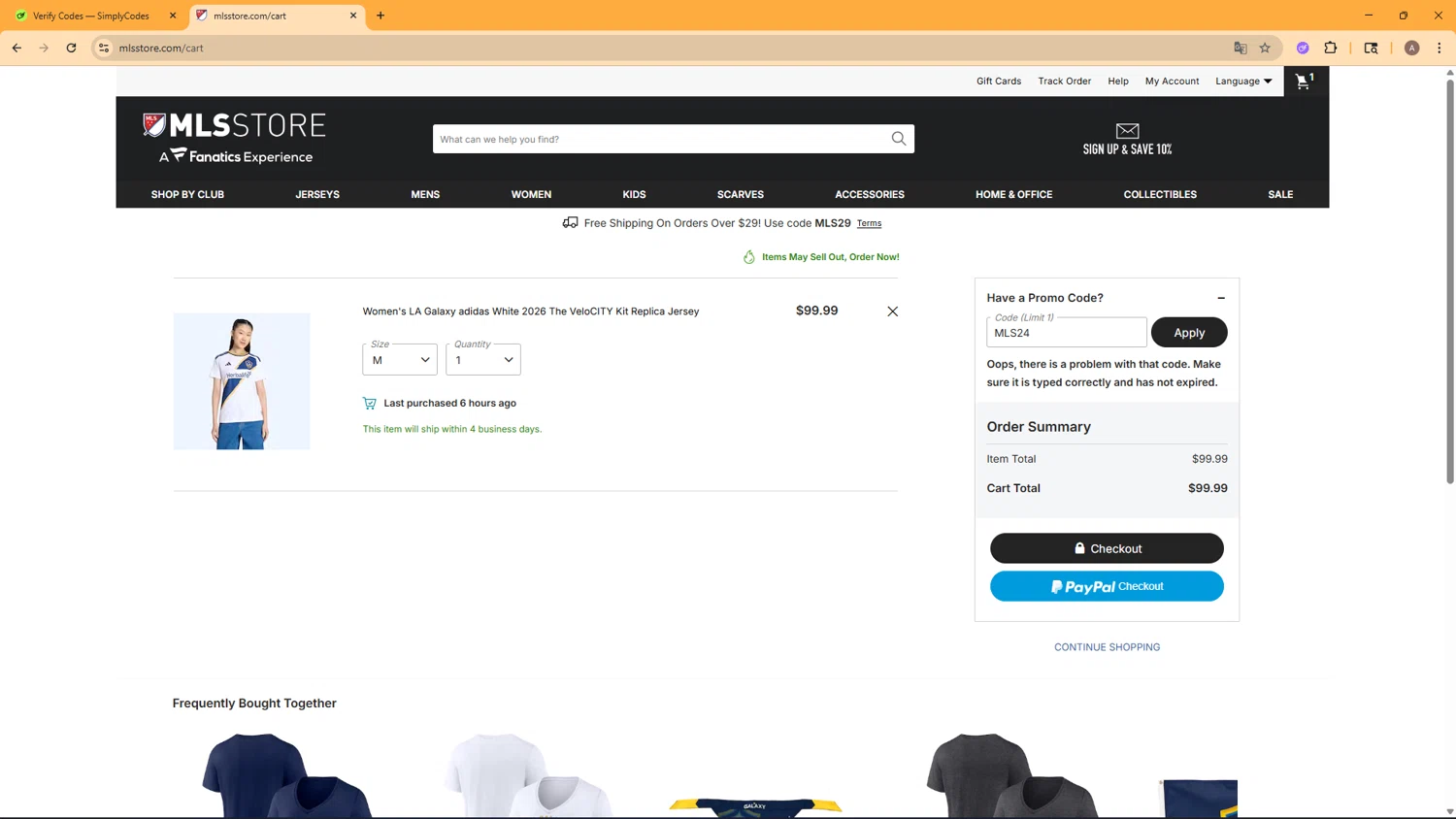 LA Galaxy promo code screenshot showing code MLS24 applied at LA Galaxy checkout page. Uploaded by SimplyCodes community member CoinHunter8661 on Feb 12, 2026