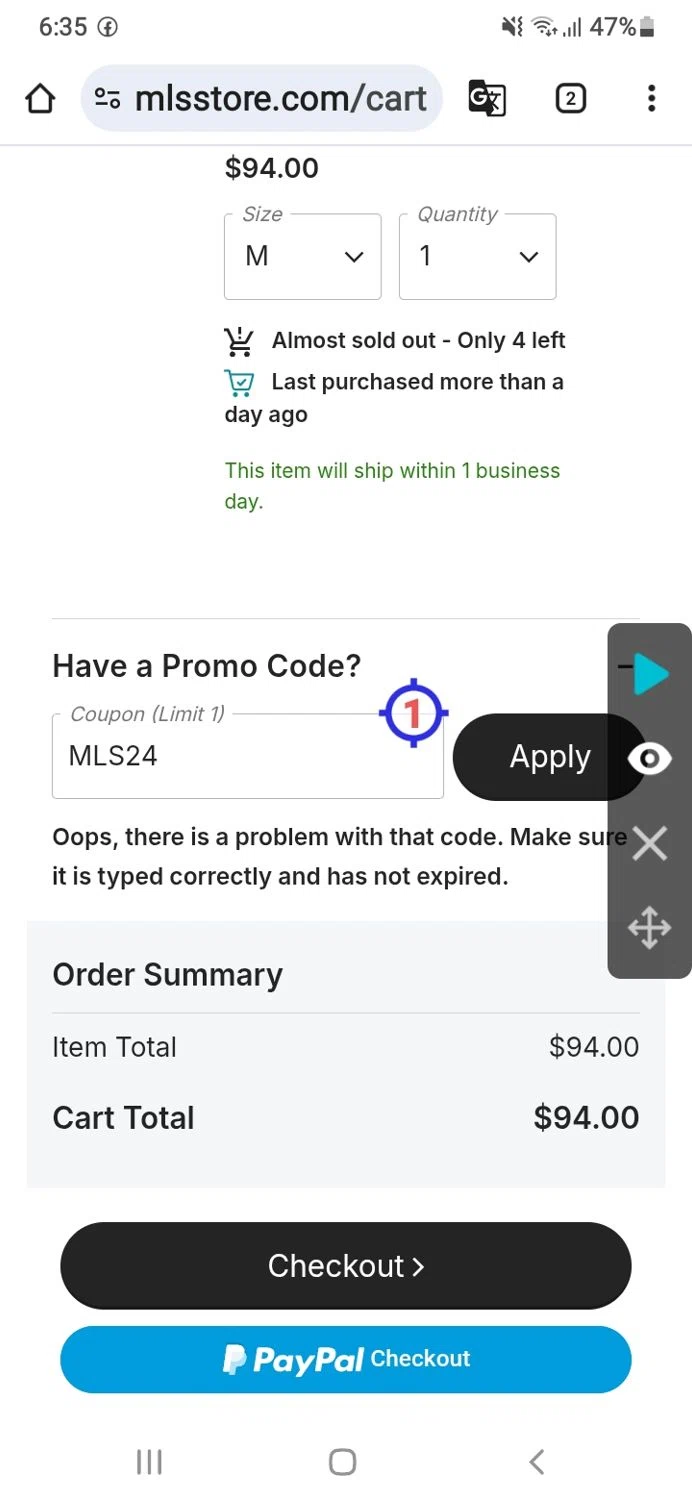 LA Galaxy promo code screenshot showing code MLS24 applied at LA Galaxy checkout page. Uploaded by SimplyCodes community member GoldSeeker7901 on Oct 25, 2025