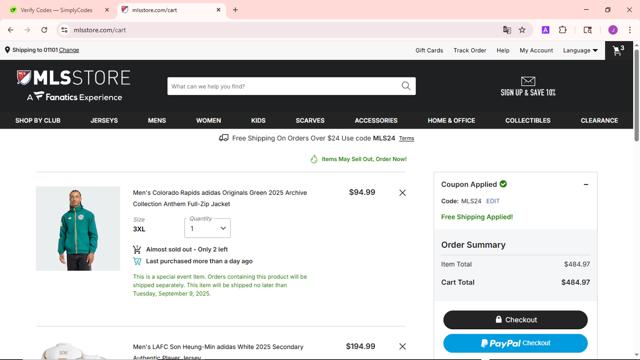 LA Galaxy checkout page showing LA Galaxy promo code box | Screenshot taken by SimplyCodes community member on Sep 10, 2025