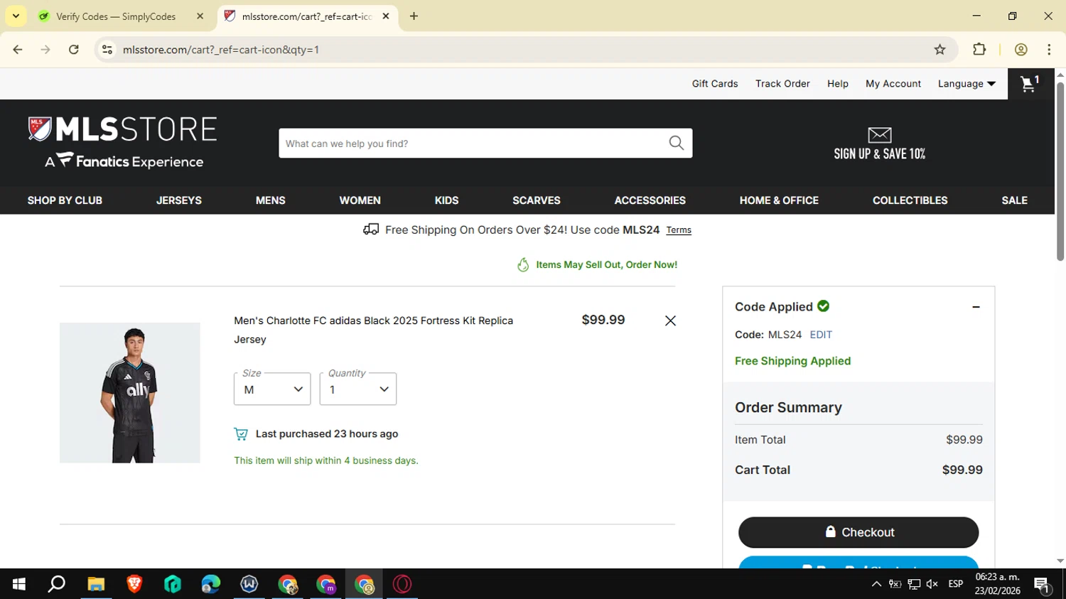 LA Galaxy checkout page showing LA Galaxy promo code box | Screenshot taken by SimplyCodes community member on Feb 23, 2026