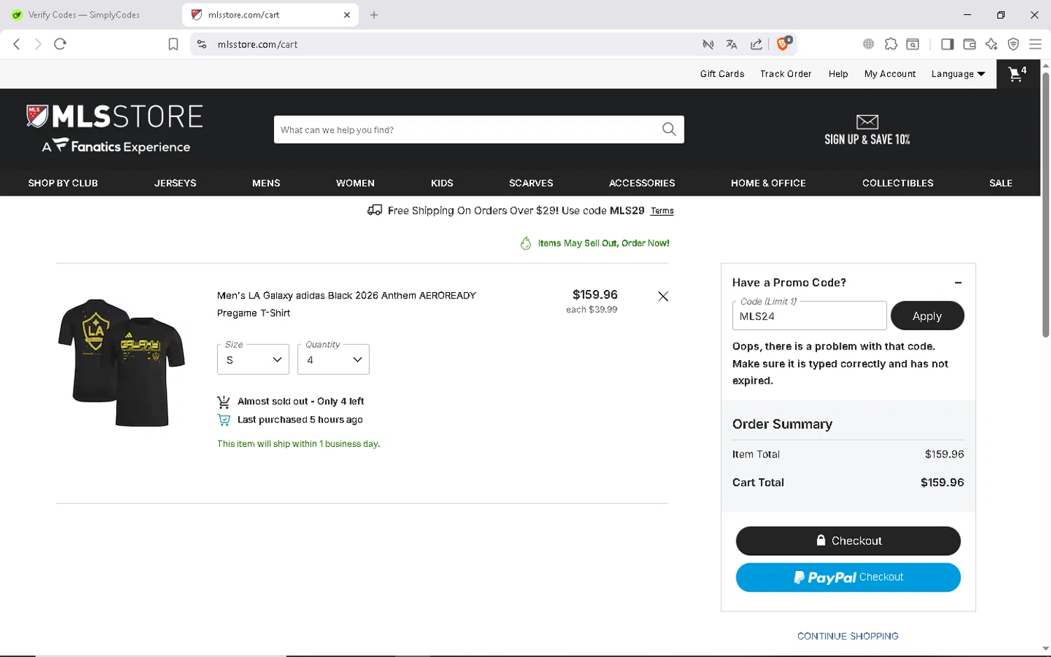 LA Galaxy promo code screenshot showing code MLS24 applied at LA Galaxy checkout page. Uploaded by SimplyCodes community member ShieldAdmiral6835 on Feb 12, 2026