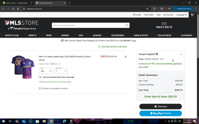 LA Galaxy checkout page showing LA Galaxy promo code box | Screenshot taken by SimplyCodes community member on Sep 25, 2025