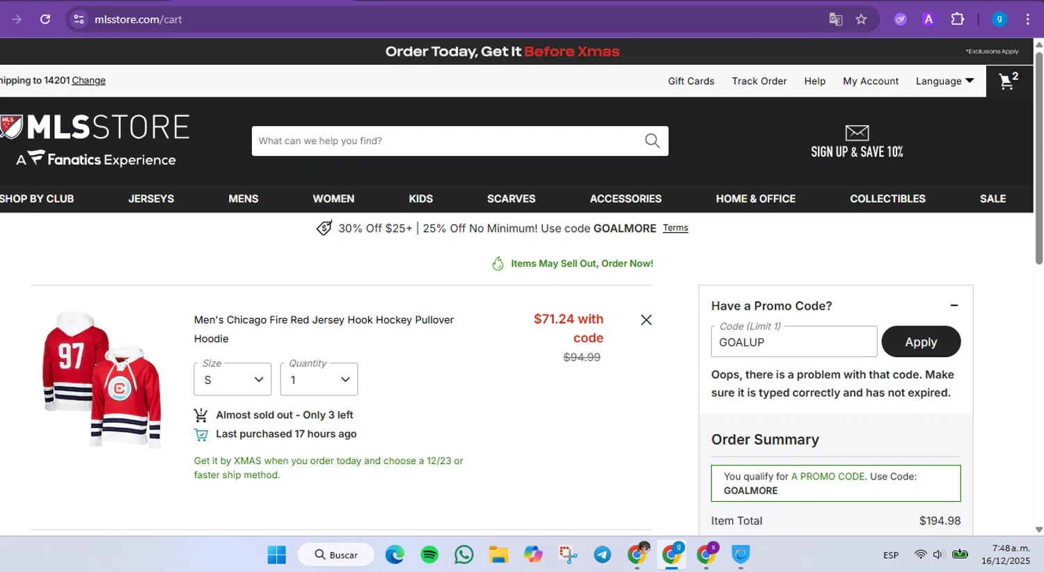 LA Galaxy promo code screenshot showing code GOALUP applied at LA Galaxy checkout page. Uploaded by SimplyCodes community member FrugalVirtuoso6318 on Dec 16, 2025