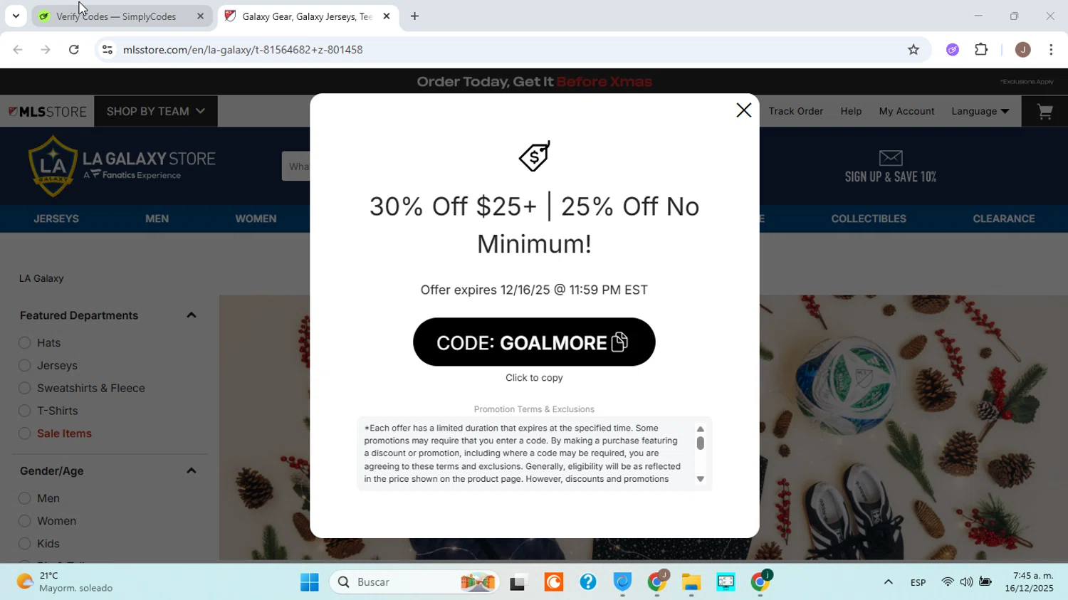 LA Galaxy promo code screenshot showing code GOALUP applied at LA Galaxy checkout page. Uploaded by SimplyCodes community member jorgejavierherrera on Dec 16, 2025