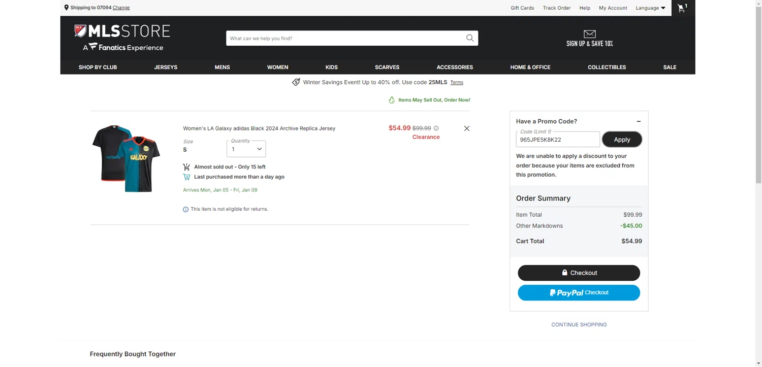 LA Galaxy promo code screenshot showing code 965JPE5K8K22 applied at LA Galaxy checkout page. Uploaded by SimplyCodes community member PennyRanger8219 on Dec 26, 2025