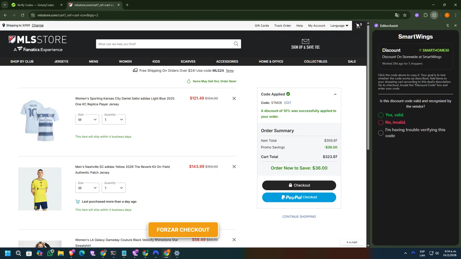 LA Galaxy checkout page showing LA Galaxy promo code box | Screenshot taken by SimplyCodes community member on Feb 24, 2026