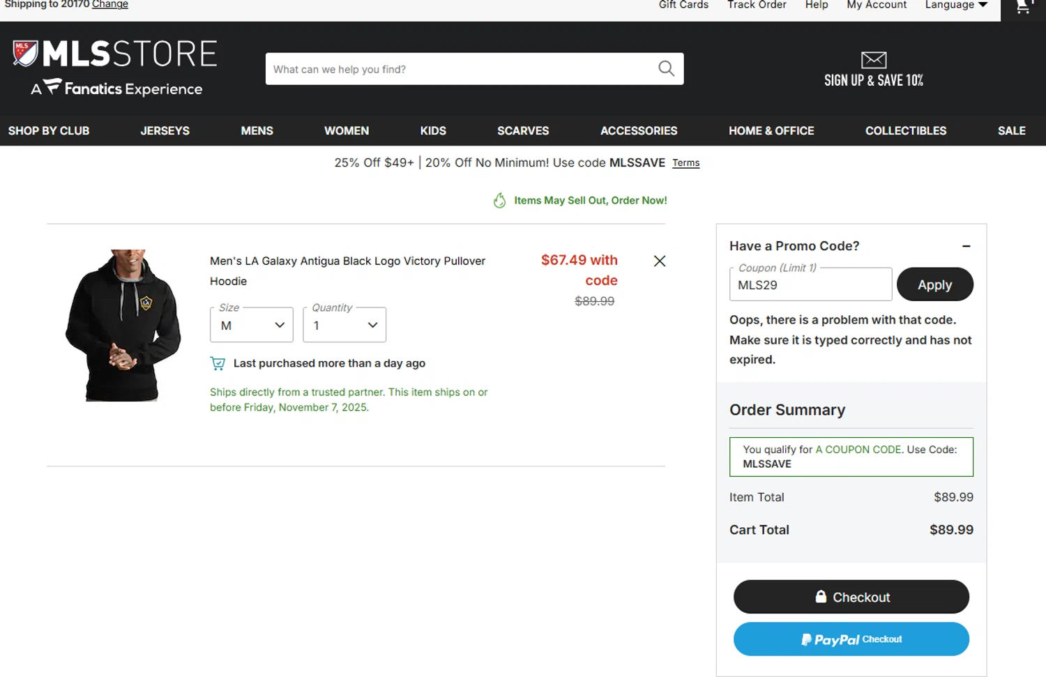 LA Galaxy promo code screenshot showing code MLS29 applied at LA Galaxy checkout page. Uploaded by SimplyCodes community member WonderSaver8569 on Nov 5, 2025