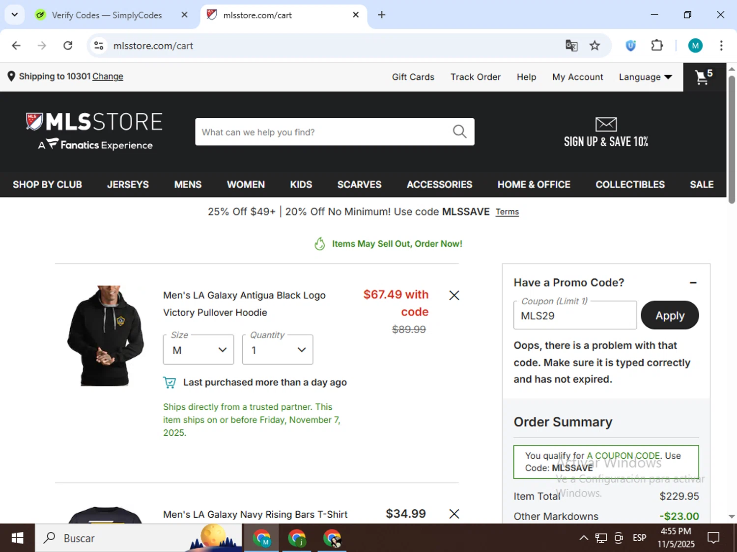 LA Galaxy promo code screenshot showing code MLS29 applied at LA Galaxy checkout page. Uploaded by SimplyCodes community member estrellaveloz on Nov 5, 2025