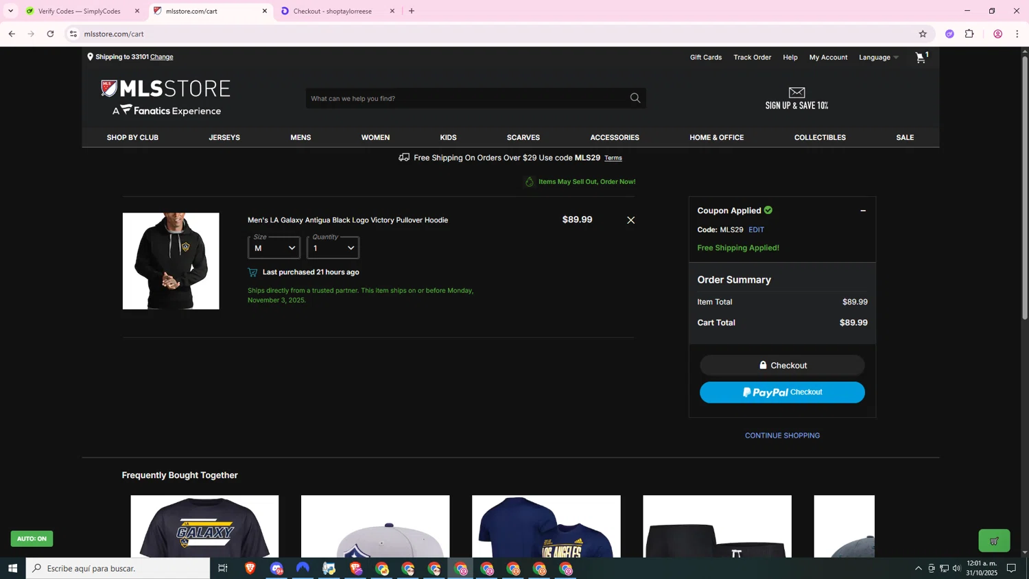 LA Galaxy promo code screenshot showing code MLS29 applied at LA Galaxy checkout page. Uploaded by SimplyCodes community member jakycham2020 on Oct 31, 2025