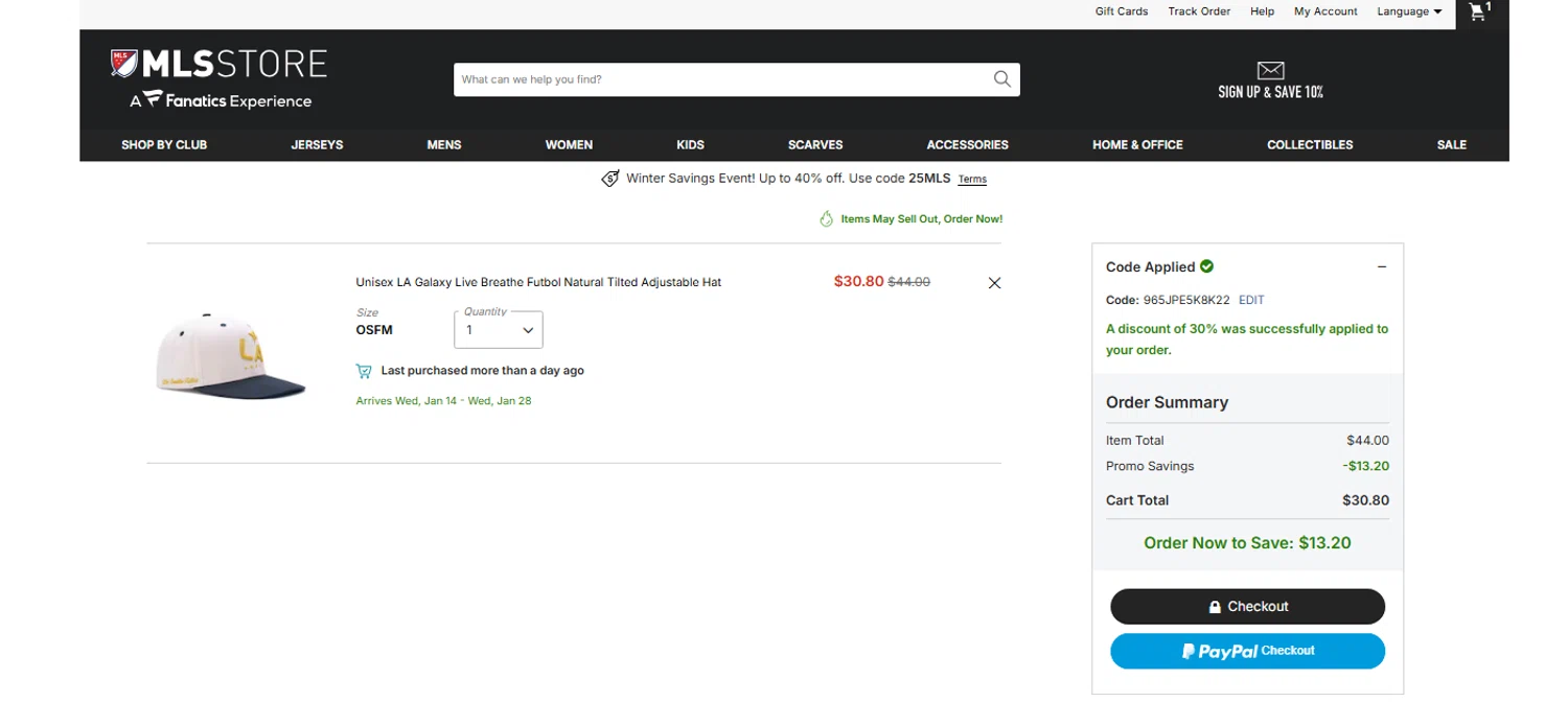 LA Galaxy promo code screenshot showing code 965JPE5K8K22 applied at LA Galaxy checkout page. Uploaded by SimplyCodes community member OnlywM on Dec 26, 2025