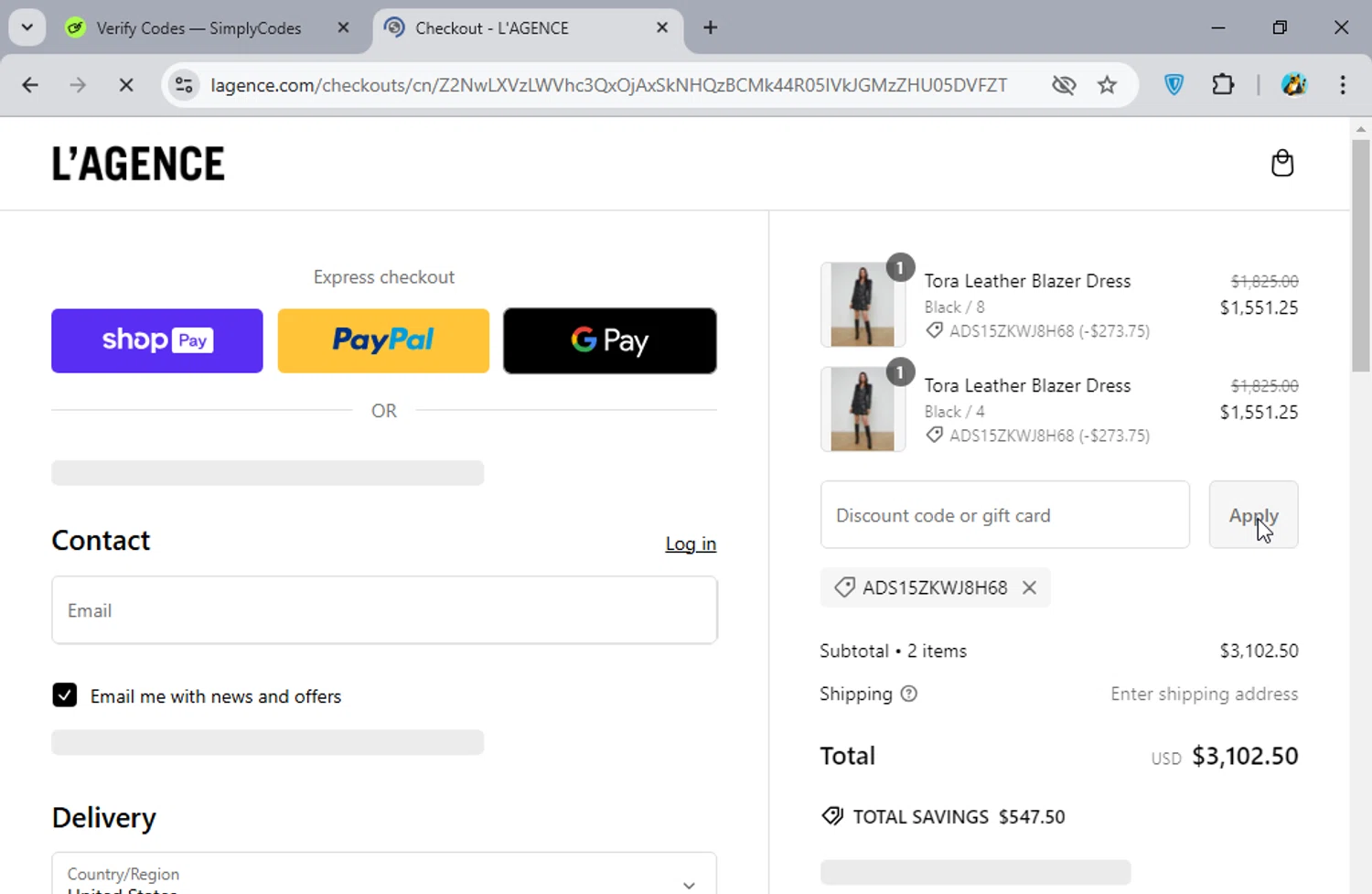 where to use L’AGENCE promo code box