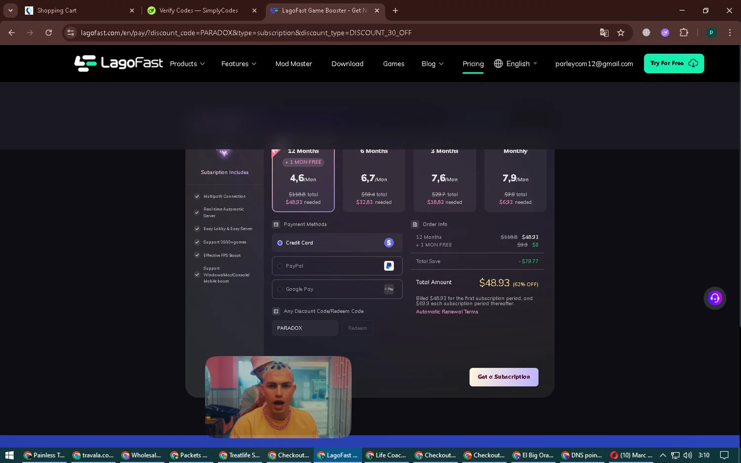 LagoFast discount code screenshot showing code PARADOX applied at LagoFast checkout page. Uploaded by SimplyCodes community member ExtraordinaryVirtuoso6801 on Nov 5, 2025