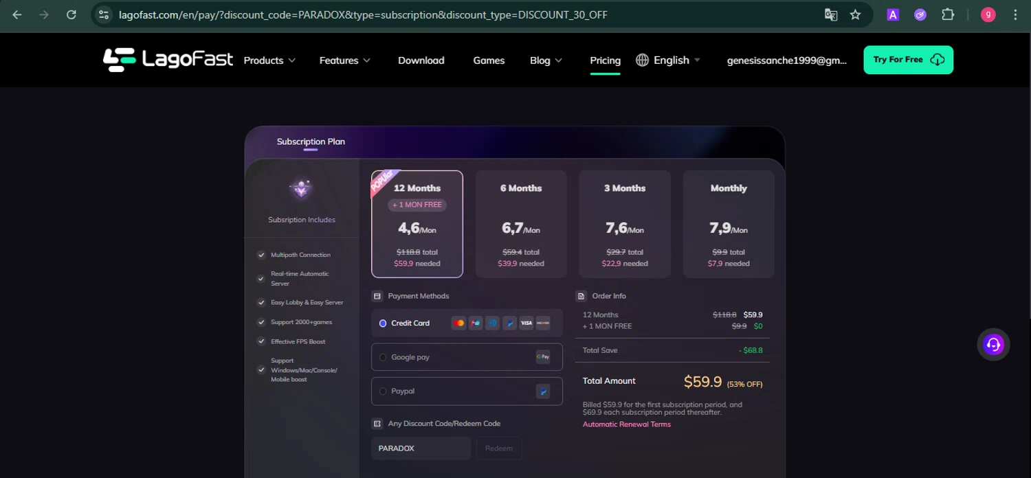 LagoFast discount code screenshot showing code PARADOX applied at LagoFast checkout page. Uploaded by SimplyCodes community member MoneyFalcon481 on Oct 23, 2025