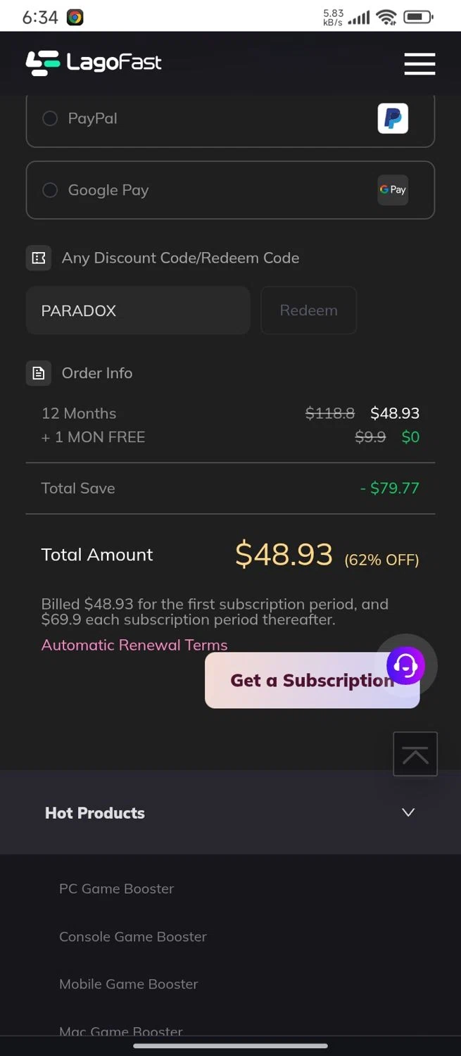 LagoFast discount code screenshot showing code PARADOX applied at LagoFast checkout page. Uploaded by SimplyCodes community member SilverMaven7655 on Dec 27, 2025