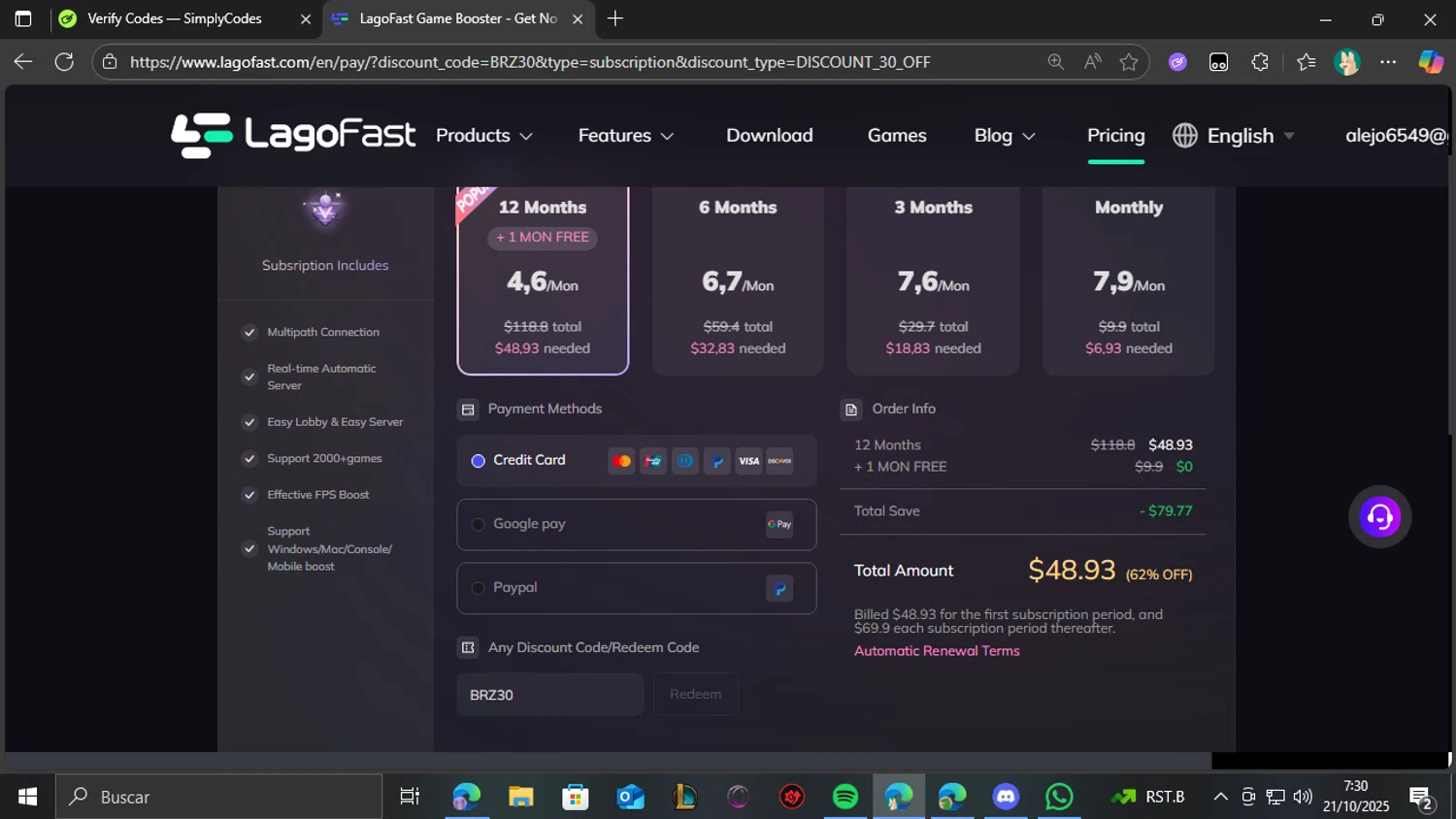 LagoFast discount code screenshot showing code BRZ30 applied at LagoFast checkout page. Uploaded by SimplyCodes community member CashCollector4109 on Oct 21, 2025