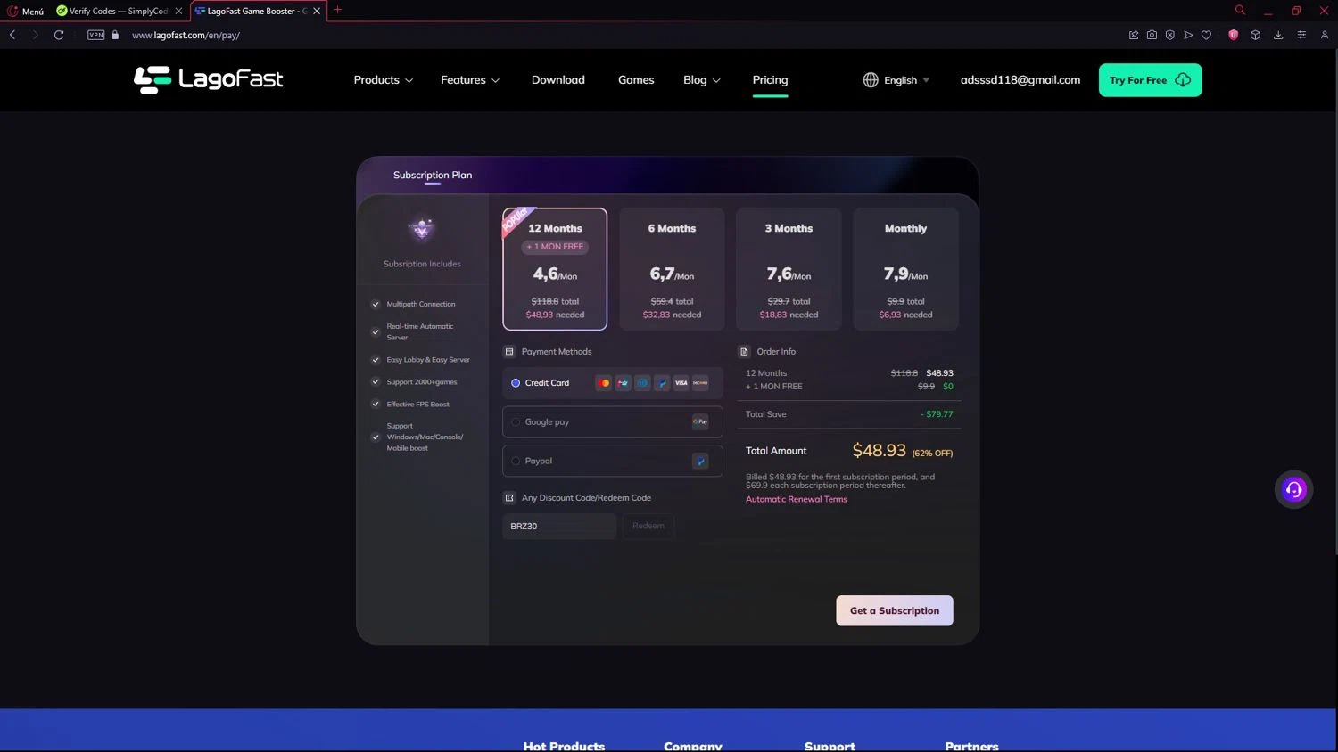 LagoFast discount code screenshot showing code BRZ30 applied at LagoFast checkout page. Uploaded by SimplyCodes community member LegendarySeeker3956 on Oct 21, 2025