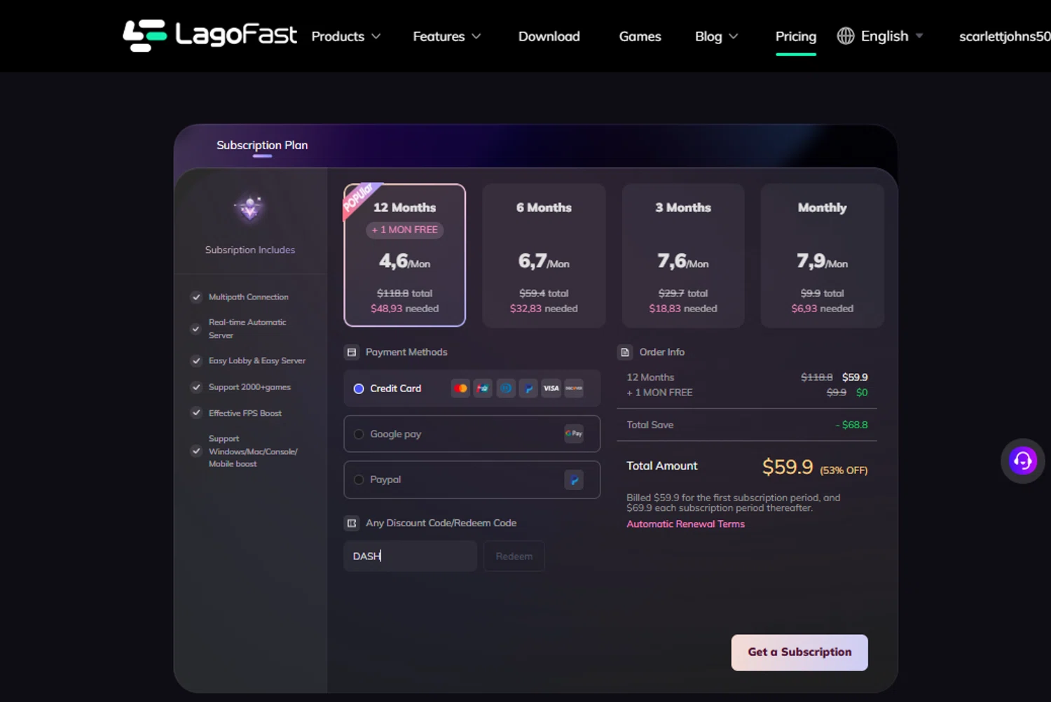 LagoFast discount code screenshot showing code DASH applied at LagoFast checkout page. Uploaded by SimplyCodes community member Pollofrito on Sep 22, 2025