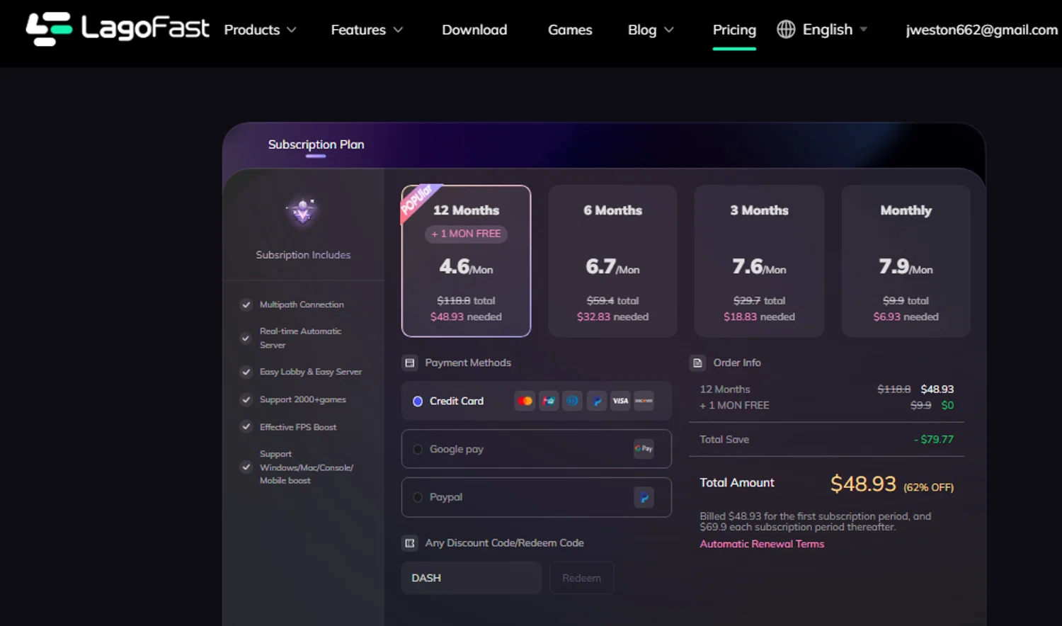 LagoFast discount code screenshot showing code DASH applied at LagoFast checkout page. Uploaded by SimplyCodes community member Toundji on Oct 21, 2025