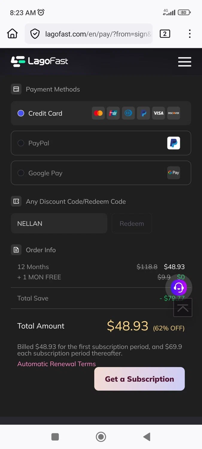 LagoFast checkout page showing LagoFast discount code box | Screenshot taken by SimplyCodes community member on Jan 25, 2026