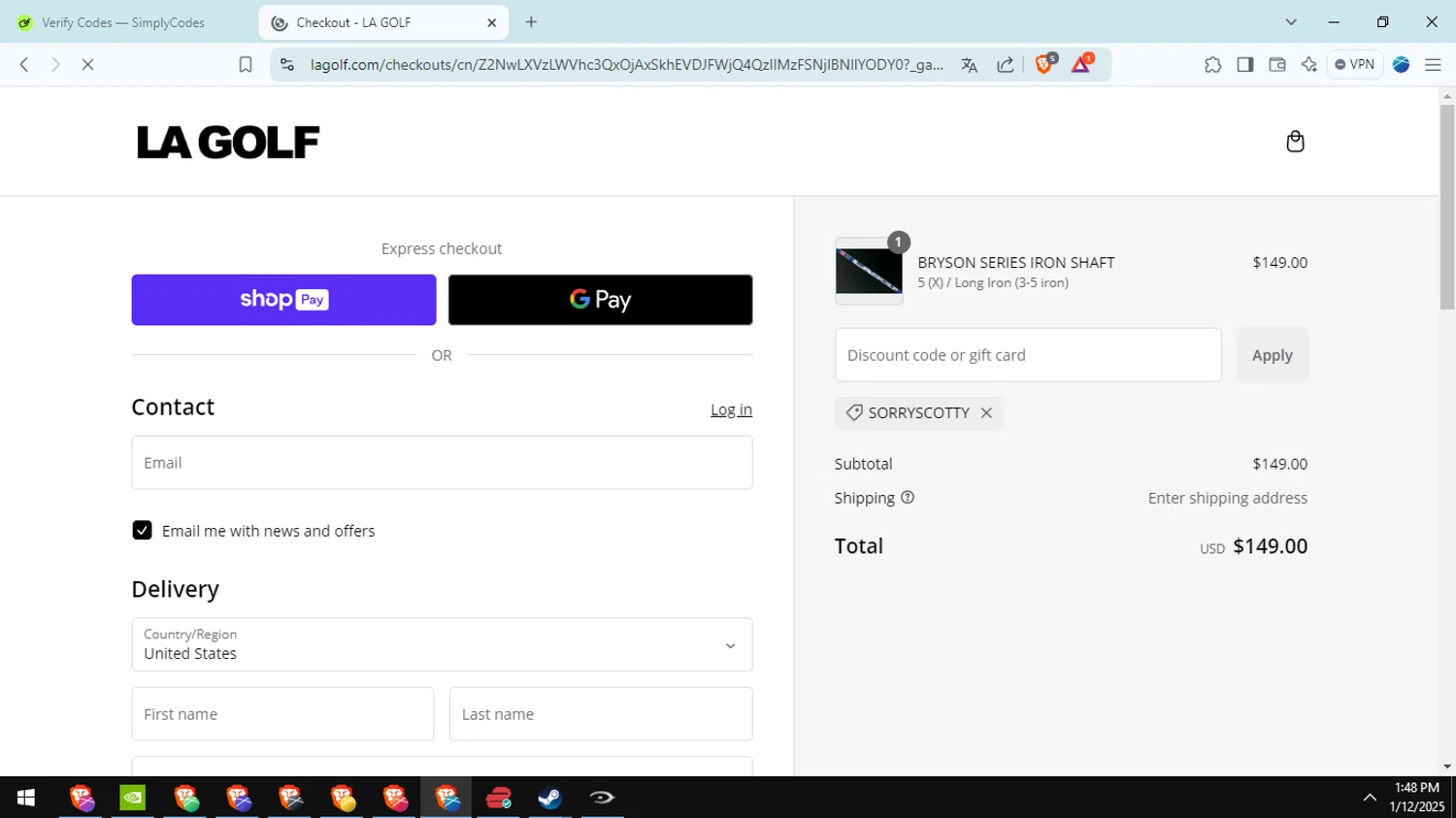 LA Golf discount code screenshot showing code SORRYSCOTTY applied at LA Golf checkout page. Uploaded by SimplyCodes community member fabianmartinez on Jan 12, 2025