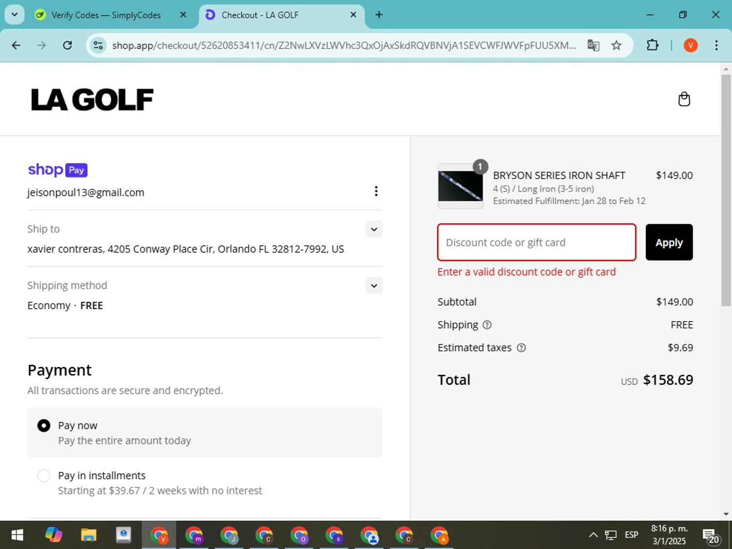 LA Golf discount code screenshot showing code IRONFITTING applied at LA Golf checkout page. Uploaded by SimplyCodes community member CodeMonarch8148 on Jan 4, 2025