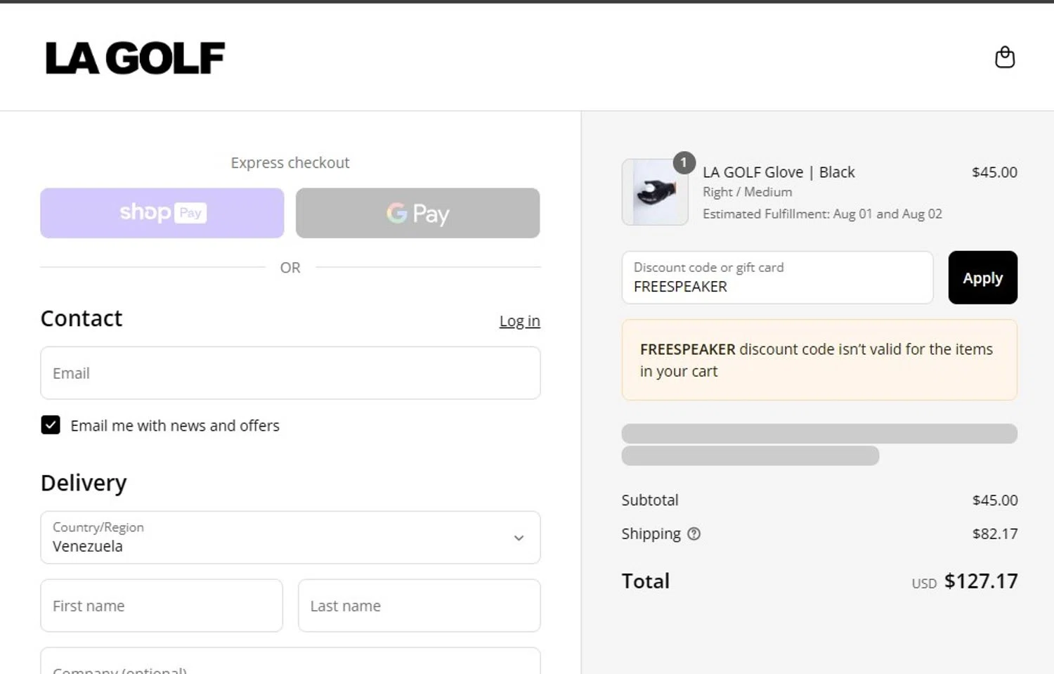 LA Golf discount code screenshot showing code FREESPEAKER applied at LA Golf checkout page. Uploaded by SimplyCodes community member mikhaildelmoral on Jul 22, 2025