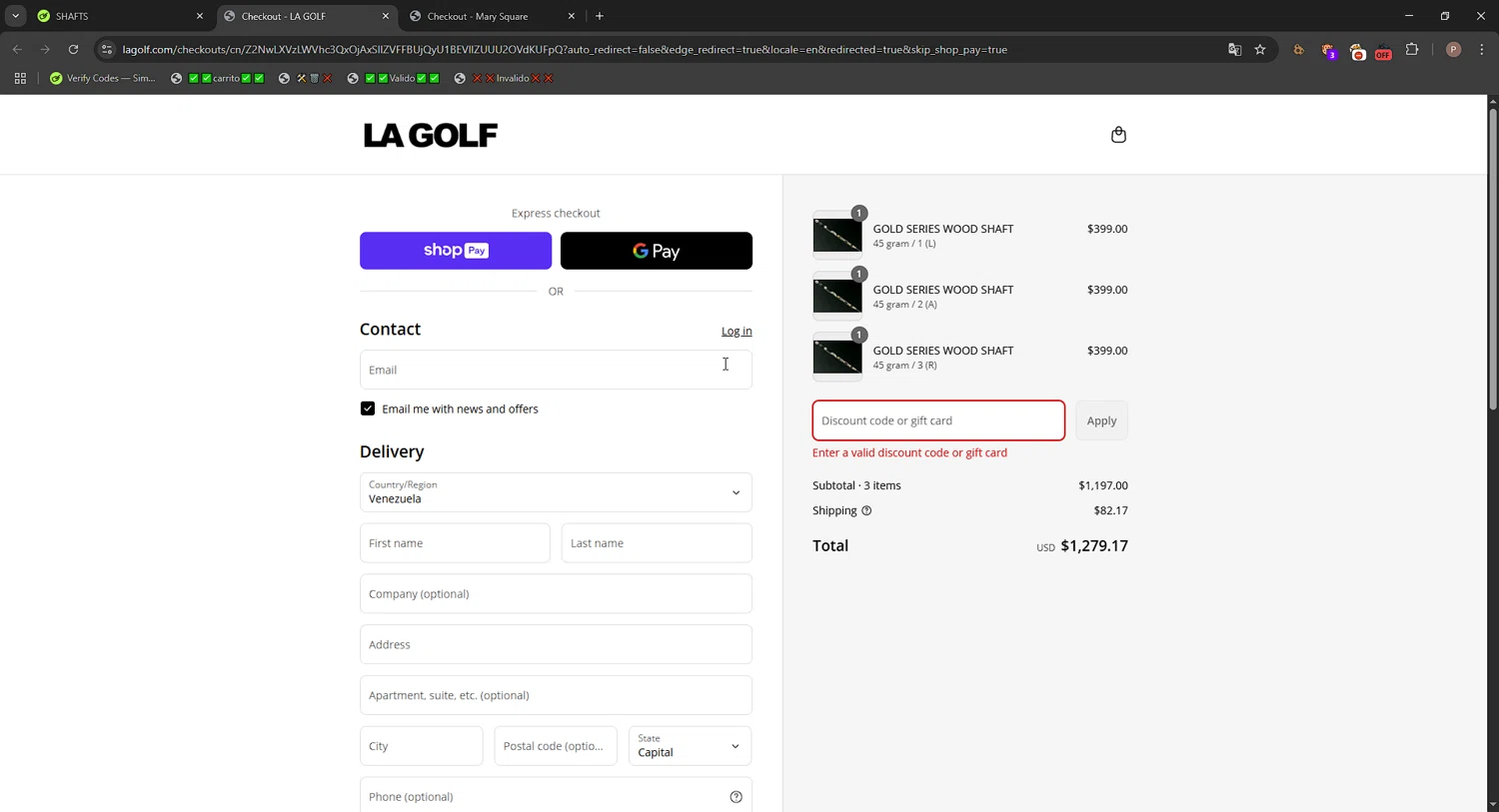 LA Golf discount code screenshot showing code SHAFTS applied at LA Golf checkout page. Uploaded by SimplyCodes community member CrownPro3073 on Jun 29, 2025