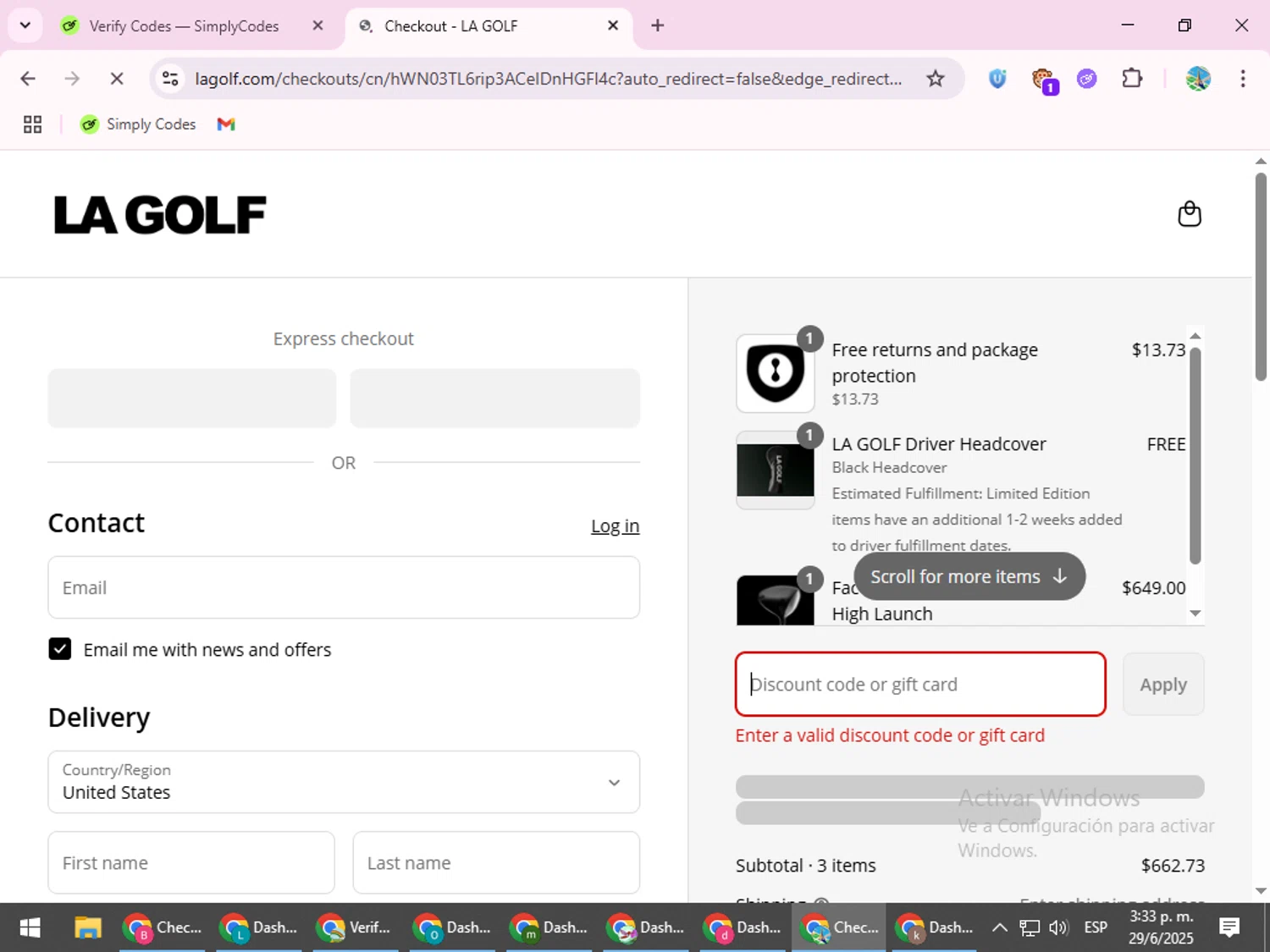 LA Golf discount code screenshot showing code SHAFTS applied at LA Golf checkout page. Uploaded by SimplyCodes community member ShrewdSpotter4101 on Jun 29, 2025