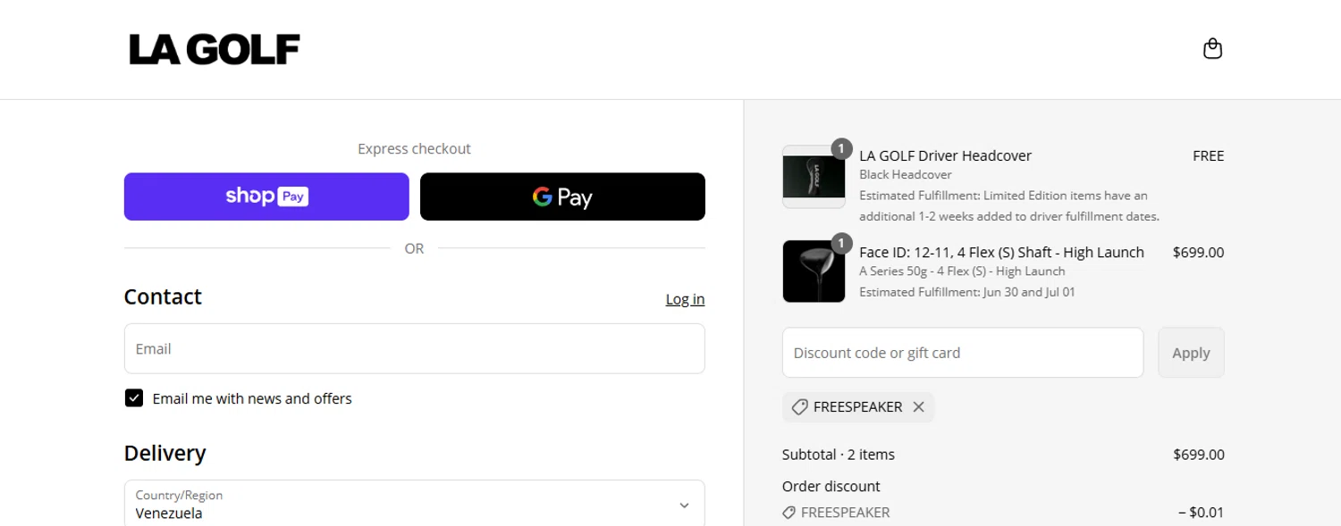 LA Golf discount code screenshot showing code FREESPEAKER applied at LA Golf checkout page. Uploaded by SimplyCodes community member ashe1986 on Jun 16, 2025