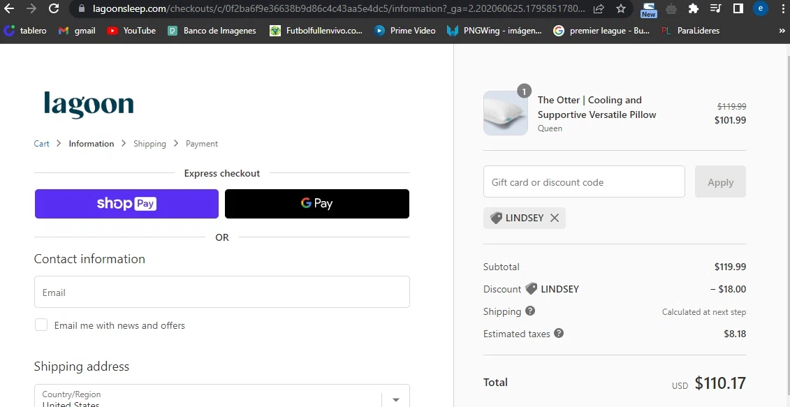 Lagoon Sleep checkout page showing Lagoon Sleep discount code box | Screenshot taken by SimplyCodes community member on Feb 1, 2023